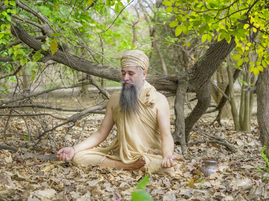 Person meditating outdoors in nature during sunrise